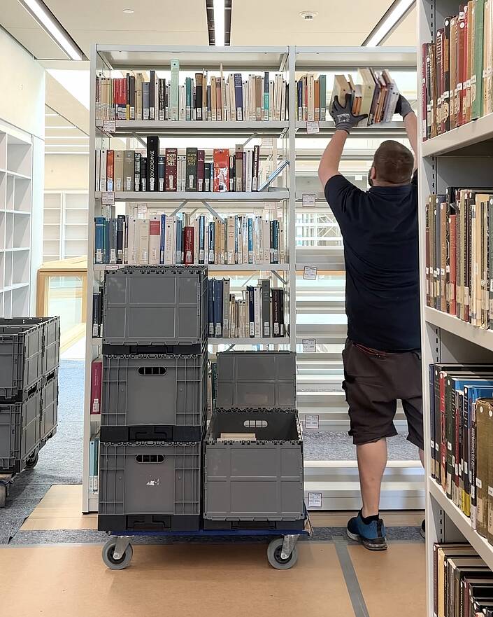 Mitarbeiter der Bücher in ein Bibliotheksregal einräumt